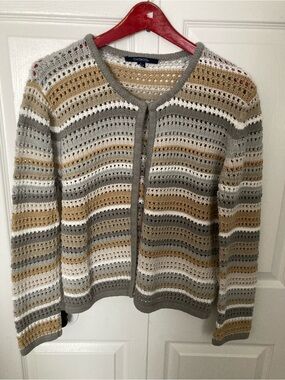 Charter Club Striped Openwork Cardigan in Gray, Cream & Tan
